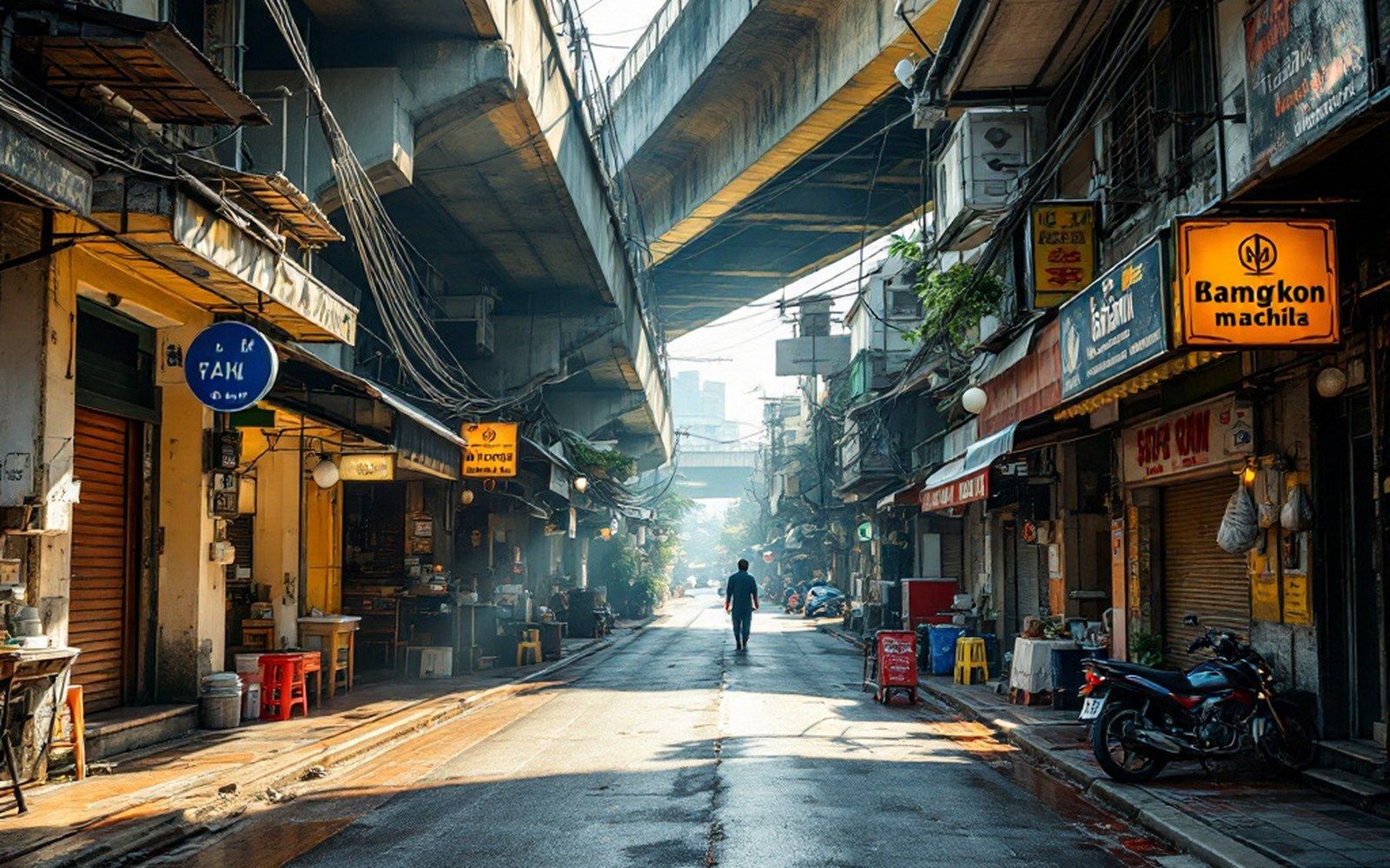 A sun-bleached street at midday with strong overhead shadow