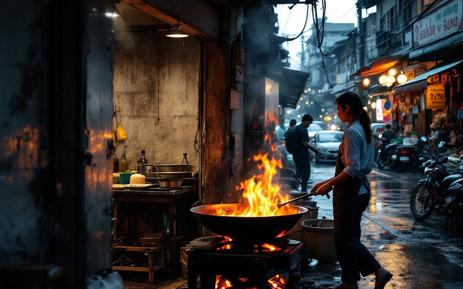 A street kitchen doorway with a wok over high flame