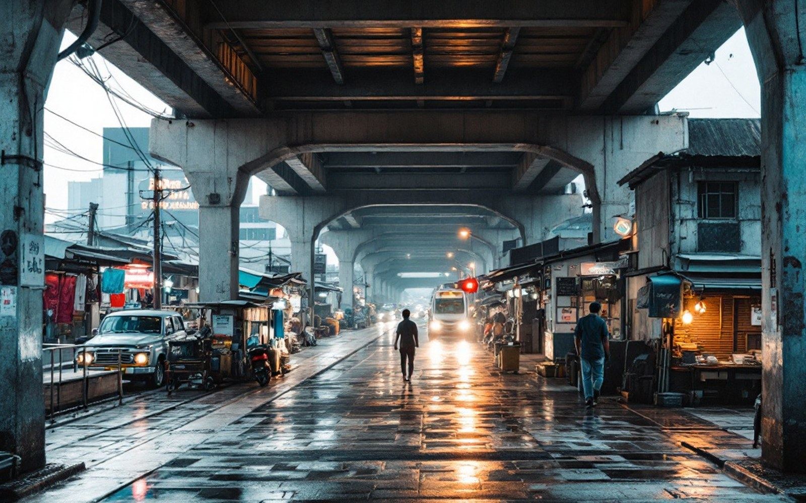 An elevated covered walkway linking a station to a building